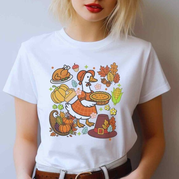 Thanksgiving Goose Graphic Tee Adorable  Goose Fall Autumn Thankful T-Shirt - Picture 1 of 4